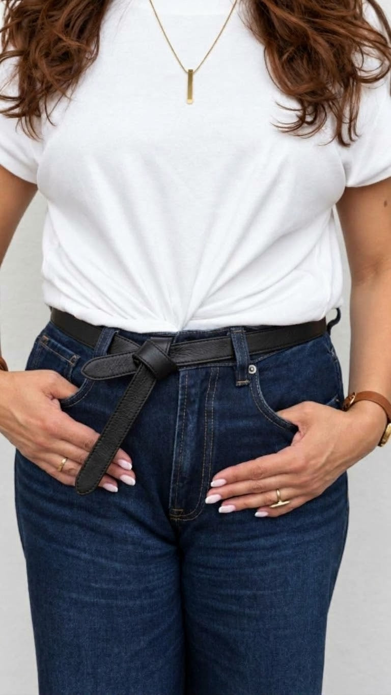 Ceinture Nouée Fine Cuir Noire