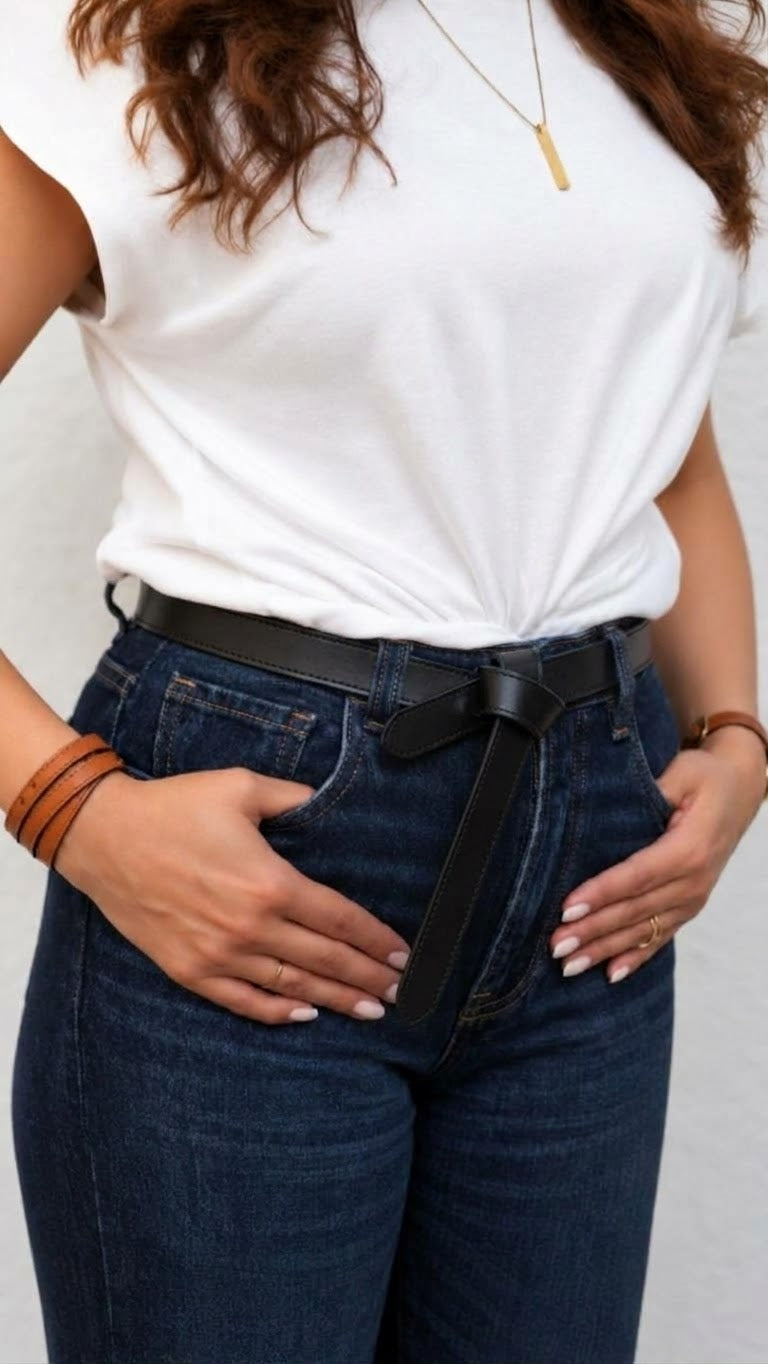 Ceinture Nouée Fine Cuir Noire